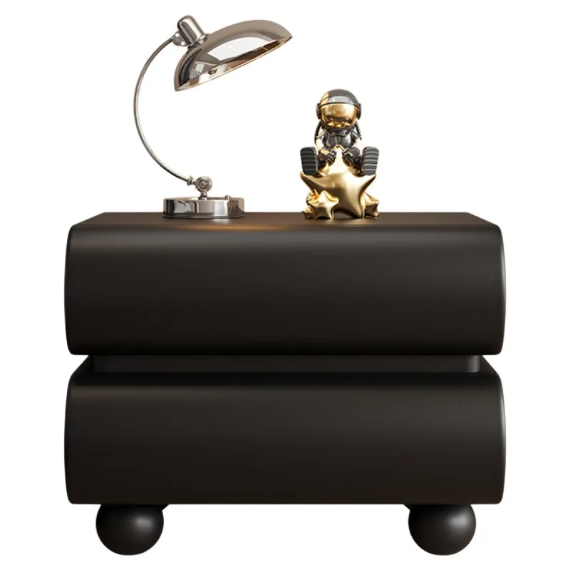 

Cream antique solid wood bedside table, high-end bedroom with lamp, black bedside storage cabinet