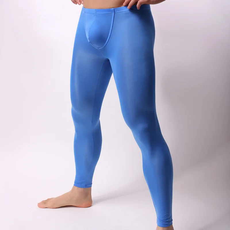

Men Ice Silk Leggings Tight Fitting Autumn Pants Elastic Running Sportswear Thin Quick Dry Long John Seamless Translucent Pajama