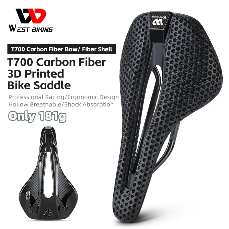 

WEST BIKING 3D Printed Saddle Ultralight T700 Carbon Fiber Racing Saddle Road Bike Triathlon Hollow Breathable Cycling Saddle