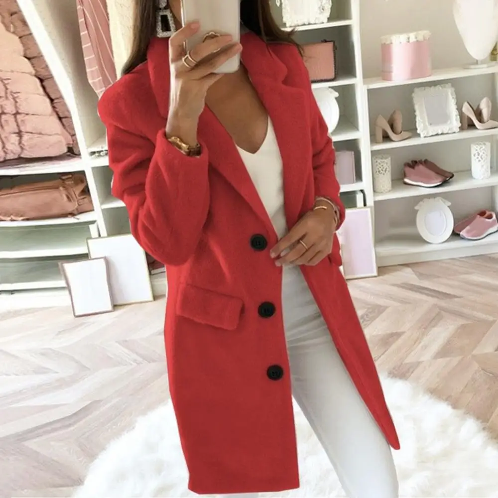 Women Lapel Blazer Jacket Coat Double Row Buttons Women Woolen Coat Autumn Winter Cardigan Suit Collar Medium Long Wool Jacket