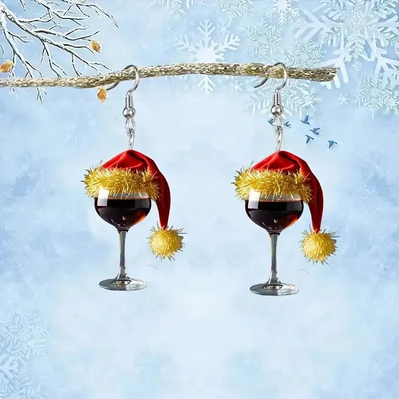 New Year Wine Glass Christmas Hat Acrylic Pendant Earrings Woman Christmas Wine Cup Pendant Earrings  Friends Jewelry Gift