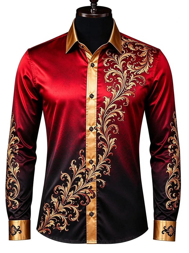 New men's red and black gradient long sleeved shirt with gold Baroque curly grass pattern contrasting collar shirt