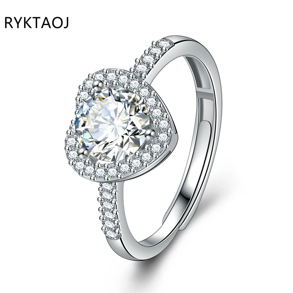 925 Sterling Silver Heart Shape Halo Cubic Zirconia Ring for Women Adjustable Open Band Paved CZ Shank Wedding Fine Jewelry Gift