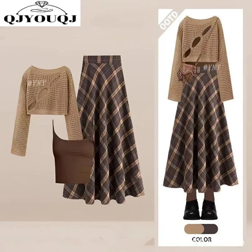 

A Complete Set of Retro Hollowed Out Knitted Top Vest Plaid Skirt Three Piece Set for Spring and Autumn Dressing