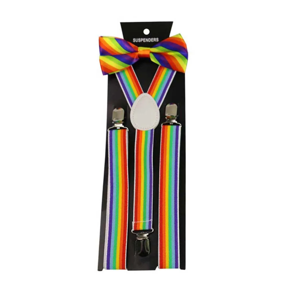 3 قطعة الحمالات الملونة ربطة القوس فيونكة مجموعة قابل للتعديل مطاطا قوس قزح الحمالات ل الجينز السراويل للجنسين زي حفلة الأقواس التعادل #3