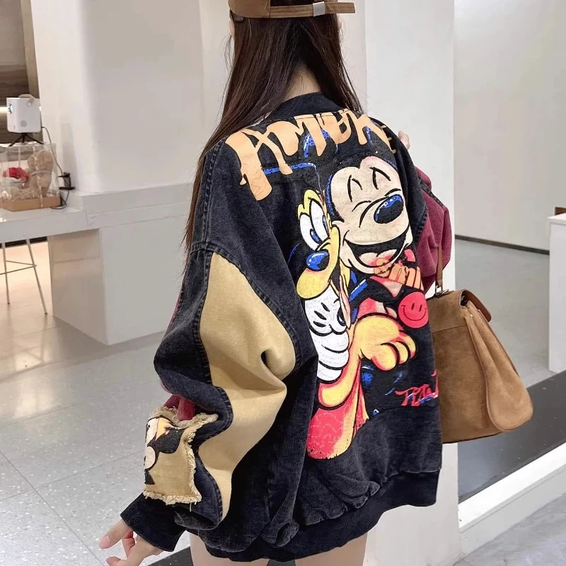 سترة ميكي ماوس كبيرة الحجم من قماش الدنيم المزودة بالترتر - سترة كرتونية راقية لتقليل العمر |   سترة عصرية فضفاضة