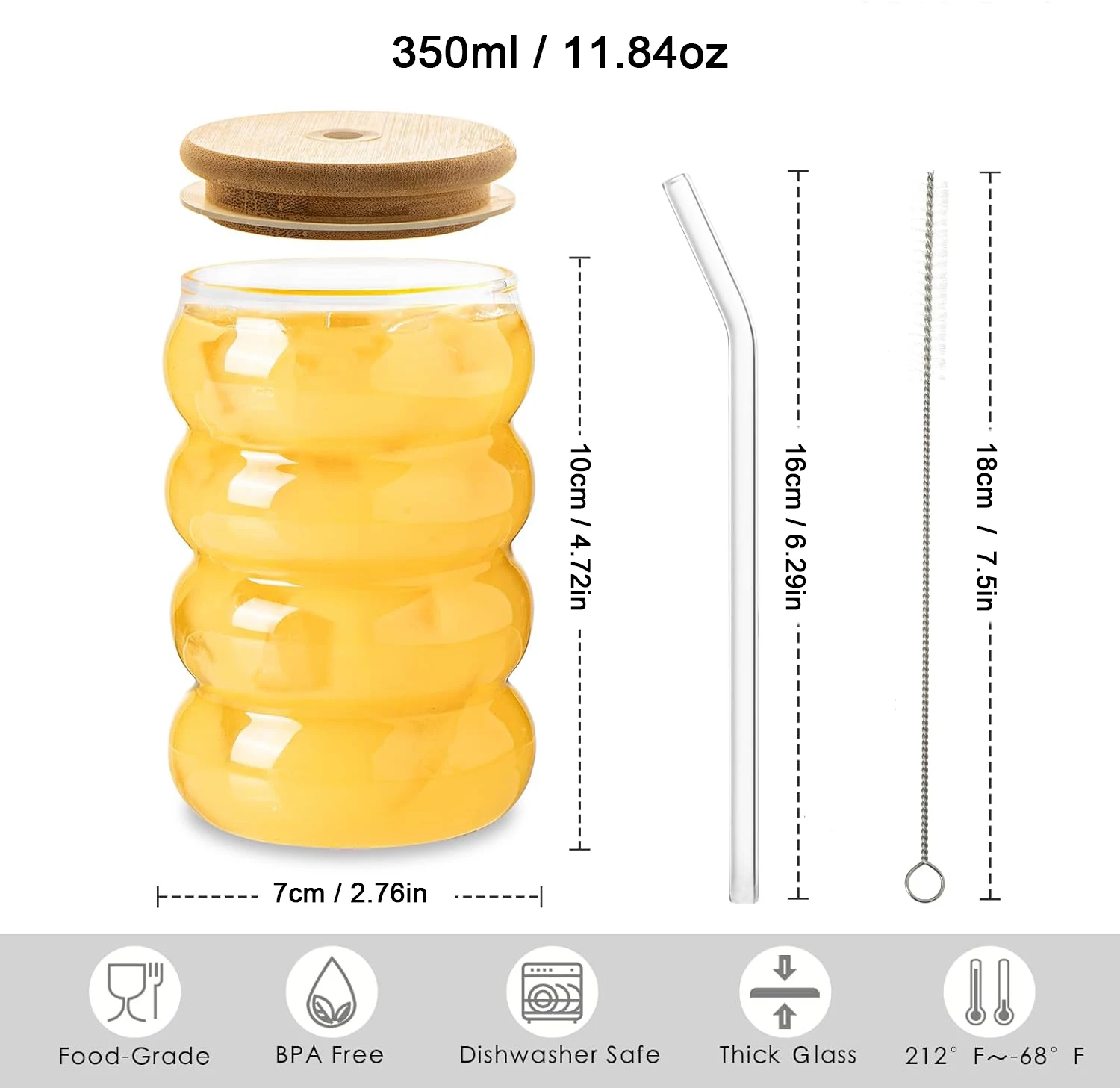 YWD 1/2/4PCS Glass Cup with Lid Straw Heat-resistant Wave Cup Beer Juice Ice Coffee Cups Cocktail Fruit Glass Drinkware
