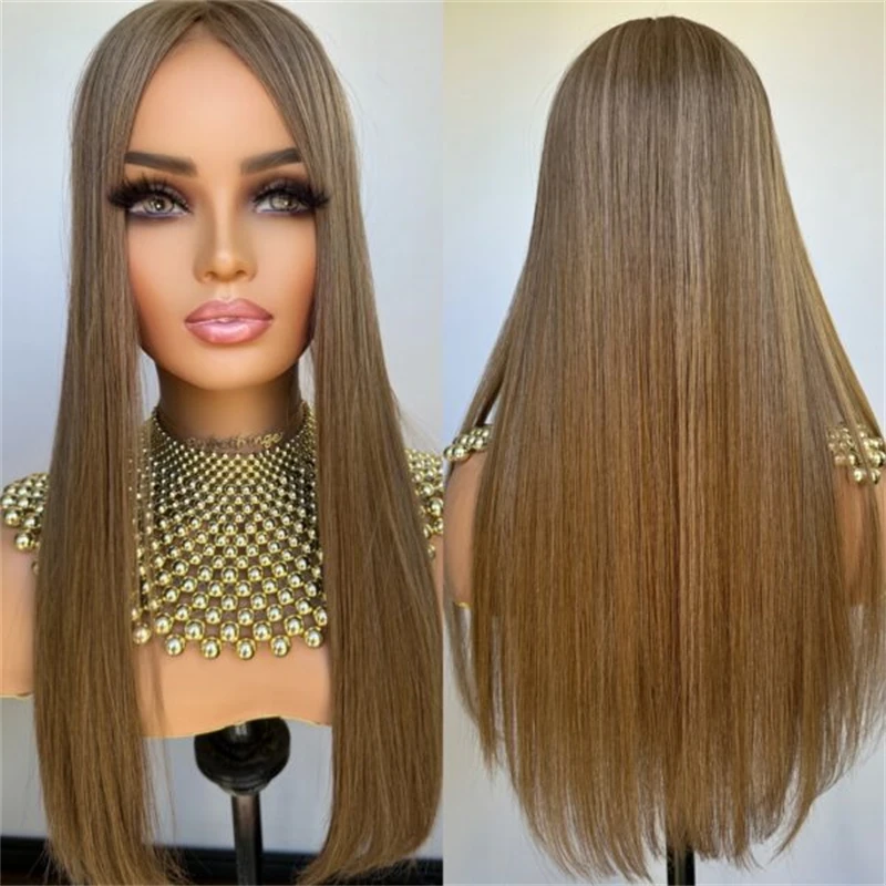 Peluca con malla frontal sintética HD resaltada marrón castaño ombré, peluca larga y recta suave de 28 pulgadas, línea de cabello Natural prearrancada sin pegamento