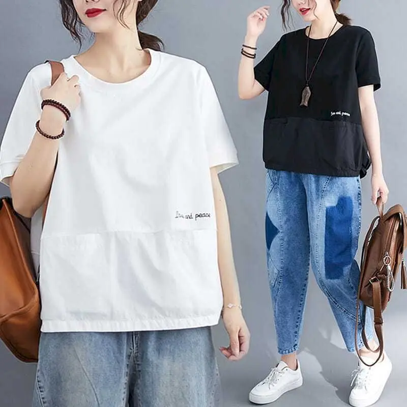 90% Cotton T Shirts Women Fashion Solid Color Patchwork Casual T-shirt Art Loose Short Sleeve Oversized Tops Summer Trend Tshirt