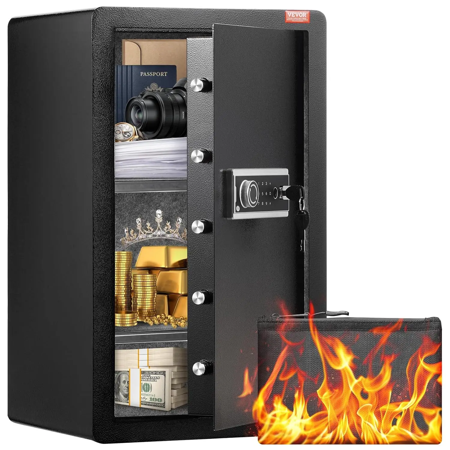 Single Door 4.0 cu.ft Safe Box with Key Lock, Password & Fingerprint, Safe Lock Box with Fireproof Bag, Key Rack, LED Light, and