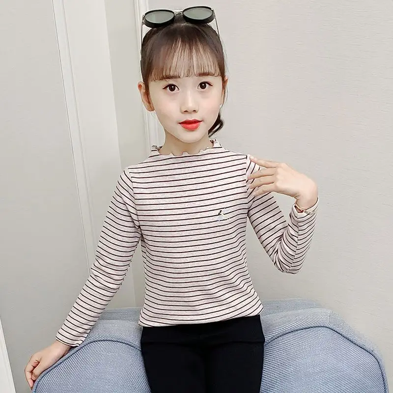 

Thiened Brued Striped Base irt Warm Top for Girls Autumn Winter Clothes 2025 New Sle Children's Faion T-irt