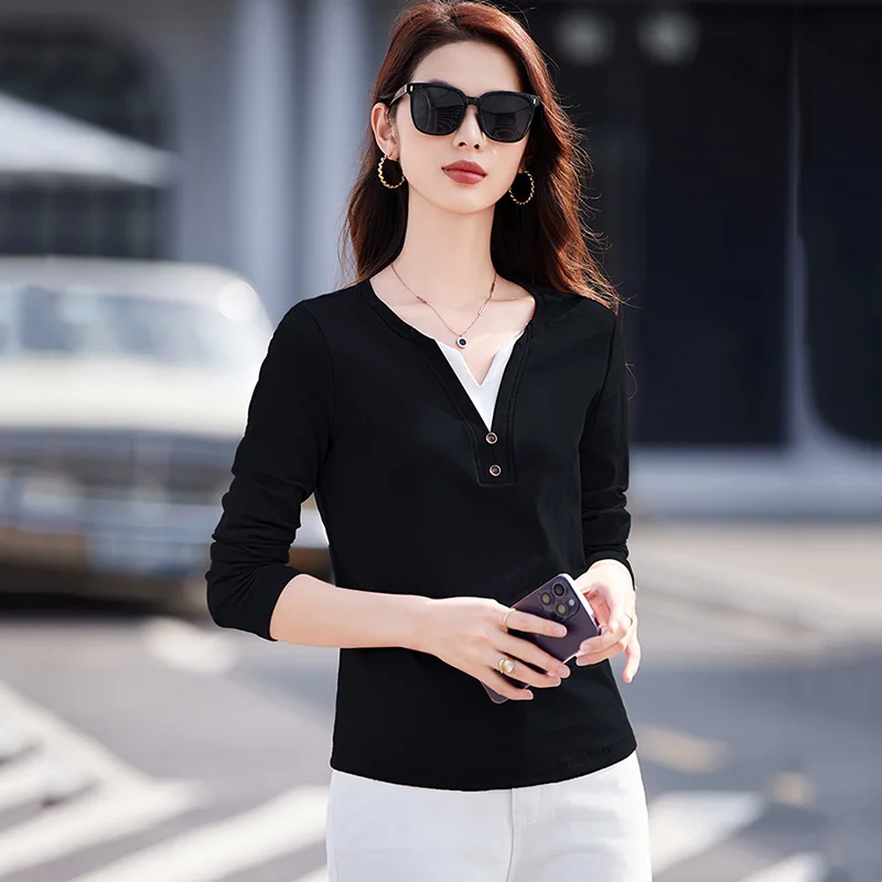 

New Women Contrast Color Cotton T-shirt Spring Autumn Fashion Patchwork Small V-Neck Long Sleeve Tees Tops Casual Slim T-shirt