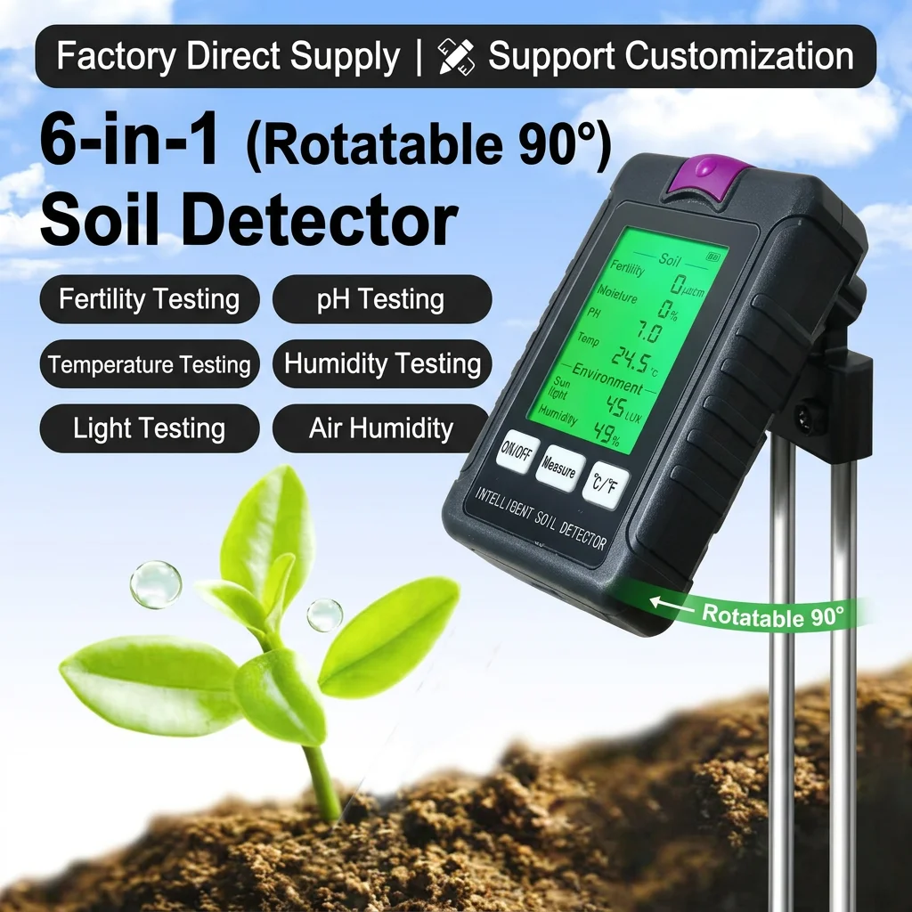 High Quality 6 in 1 Moisture Fertility Humidity sunlight Temperature air Huminity Soil ph Meter Digital for Farming Support OEM