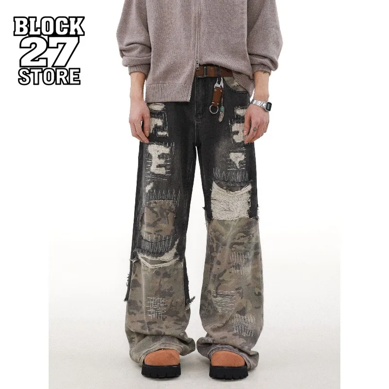 Mens Jeans Harajuku American High Street Camouflage Patchwork Denim Pants Loose Straight Fit Washed Retro Streetwear Cool New