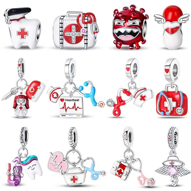 New 925 Silver Color Doctor Dentist Virus Nurse Angel Charms Beads Fit Pandach 925 Original Bracelets DIY Jewelry Career Gift