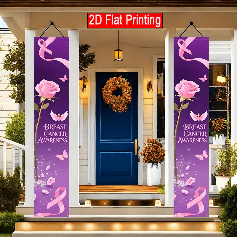 Porch Banner Large Pink Ribbon Floral Front Door Hanging Flag Yard Decor Breast Cancer Tea Party Prevention Charity Supplies
