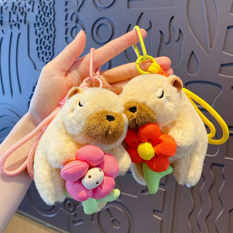 Cartoon Fluffy Pet Kapibala Closed Eye Hug Love Doll Key Chain Cute Orange Pink Flower Capybara Braided Rope Accessories Keyring