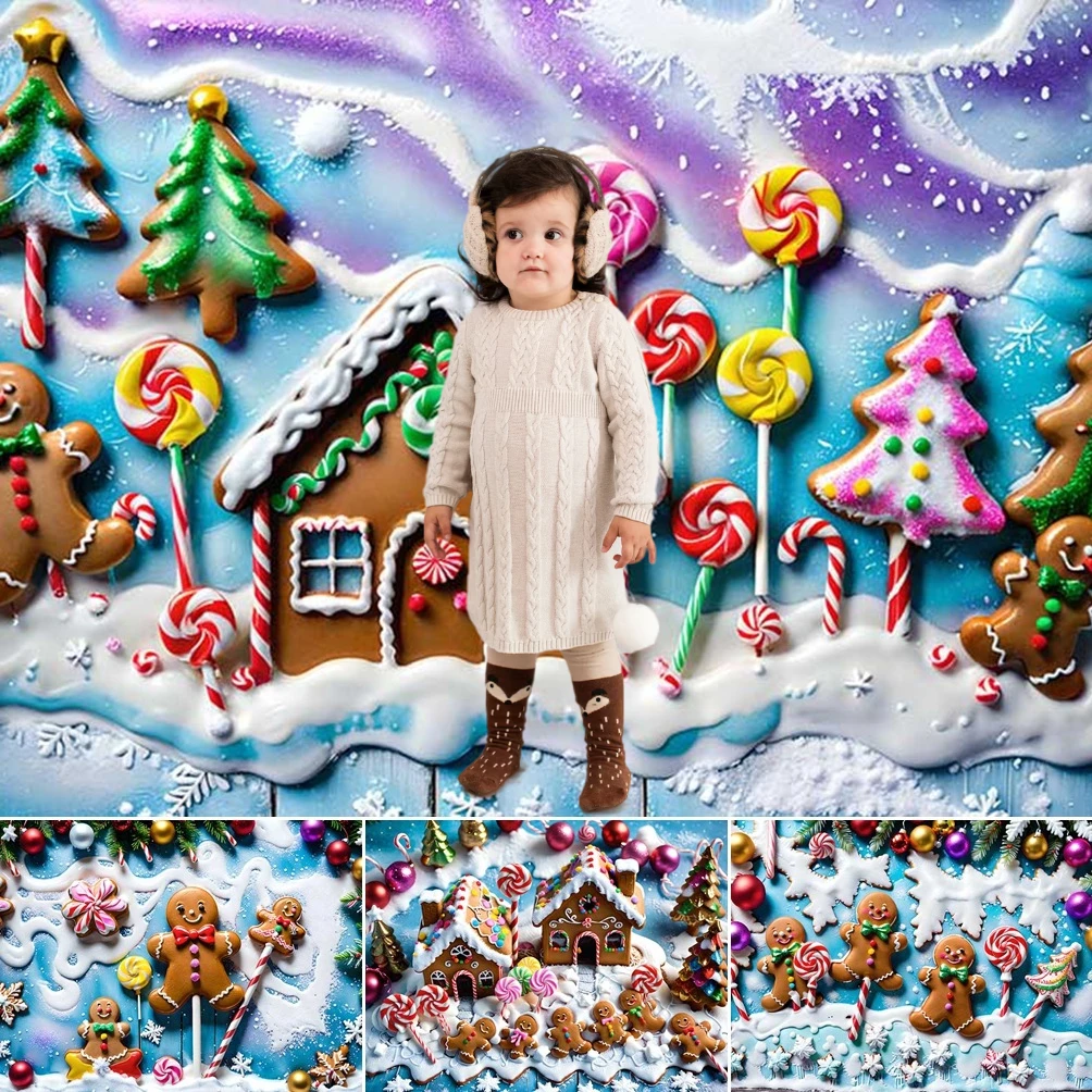 

MOON.QG New Year Christmas Day Party Backdrops for Photography Gingerbread House Lollipop Candy Background Photozone Photo Wall