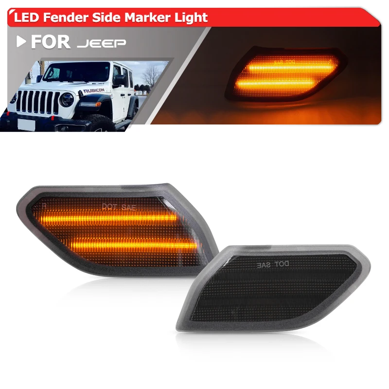 

2x Euro-Style Smoked Led Fender Flare Side Marker Lights For Jeep Wrangler JL 18-21 Gladiator 20-22 OEM: 68302120AB 68302120AA