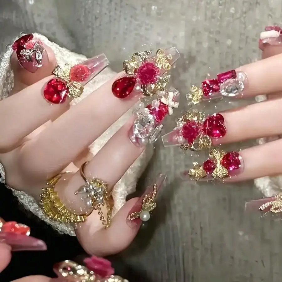 

24-piece (10 Handmade) New Year's Battle Robe 3D Heart Bow Long Ballet-style Nail Art Set, Suitable for Women and Girls, Perfect for Work, Travel, Parties, Weddings, Masquerade Balls, Valentine's Day, New Year's, Gatherings, Nail Salons, and DIY Nail Art