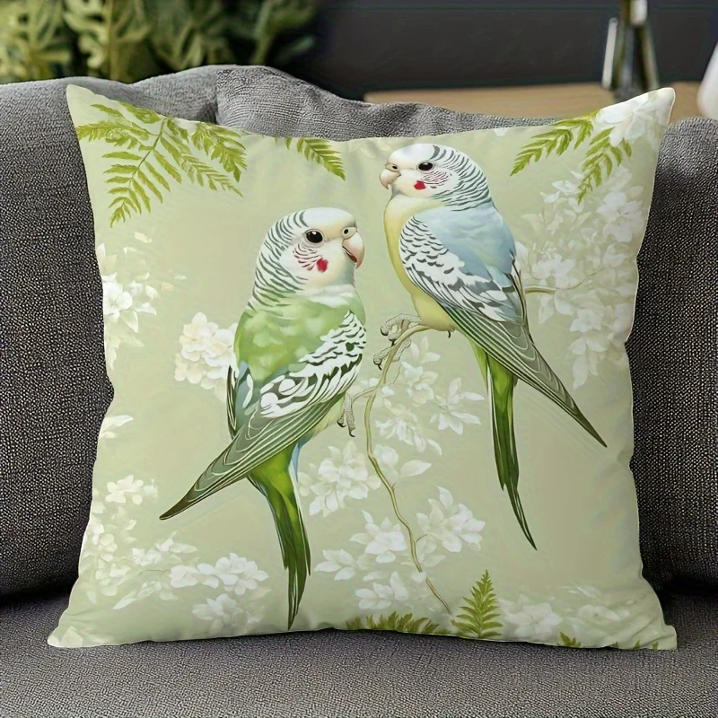 1pc 2D Flat Pillow Not Included Budgerigar Parrot Green Branch Cushion Cover Short Plush Bird Lover Nature Decor Gift Case
