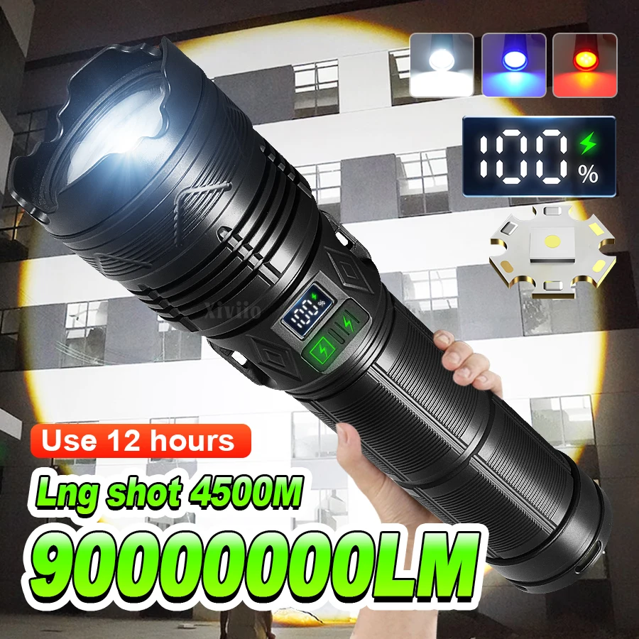 90000000LM High Power LED Flashlight 4500M Long Range Torch Built-in Battery With COB Light Zoomable Camping Outdoor  Lantren