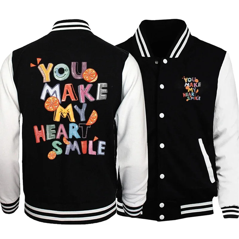 You Make My Heart Smile Fruit Letter Graphic Men Jacket Hip Hop Oversized Fleece Fashion Button Vintage Oversize Streetwear