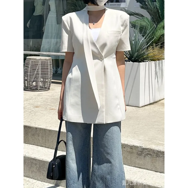 Blouse Women's Summer Short-sleeved Blazer Design-oriented Fitted Waist Flattering Silhouette Tie New Comfortable Distinctive