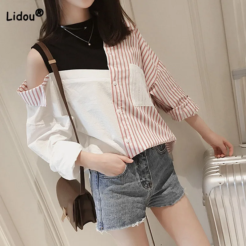 Summer Female Fashion Fake Two Pieces Long Sleeve Blouse Casual All-match Striped Spliced Off Shoulder Shirt Women\'s Clothing