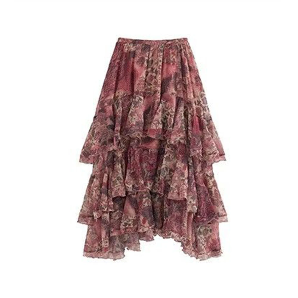 retro exquisite feminine skirt is super beautiful, red seaside travel dyed layer by layer lotus leaf floral dress
