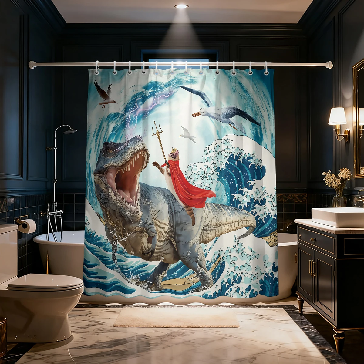 Waterproof Shower Curtain Funny Knight Riding Dinosaur Surfing Ocean Wave Fantasy Humor Bathroom Decor Bath Curtain