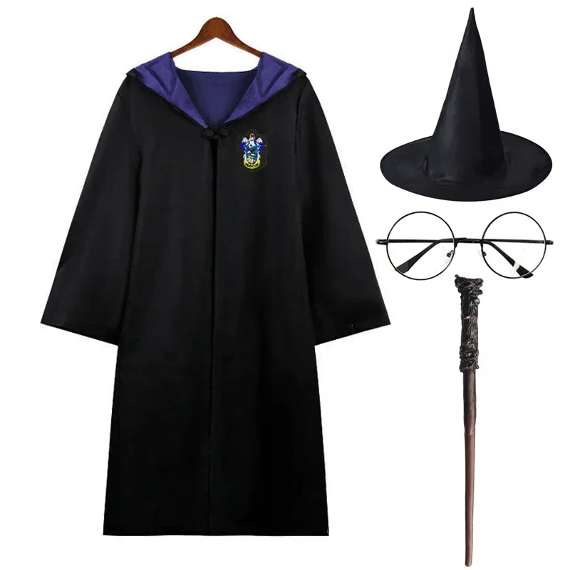 Disfraces de Hogwarts para Cosplay, Escuela de brujería y hechicería, batas Cos, sombrero de mago de Halloween, corbata, bufanda, varita mágica,