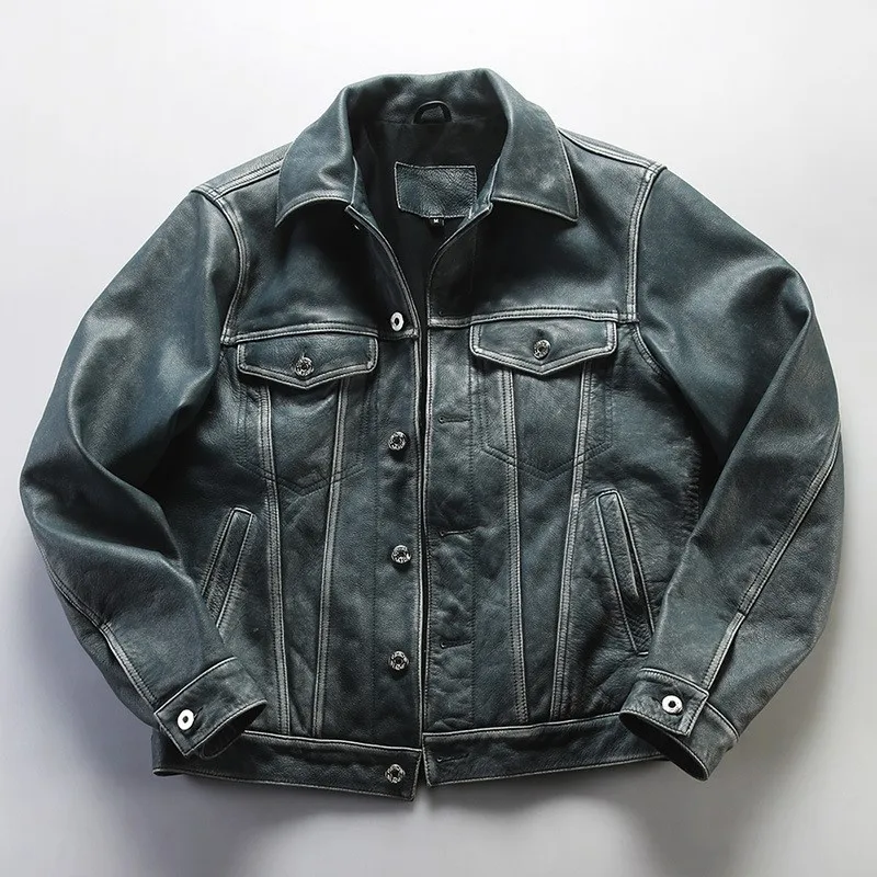 Heavily washed blue leather men's lapel multi-pocket cowhide