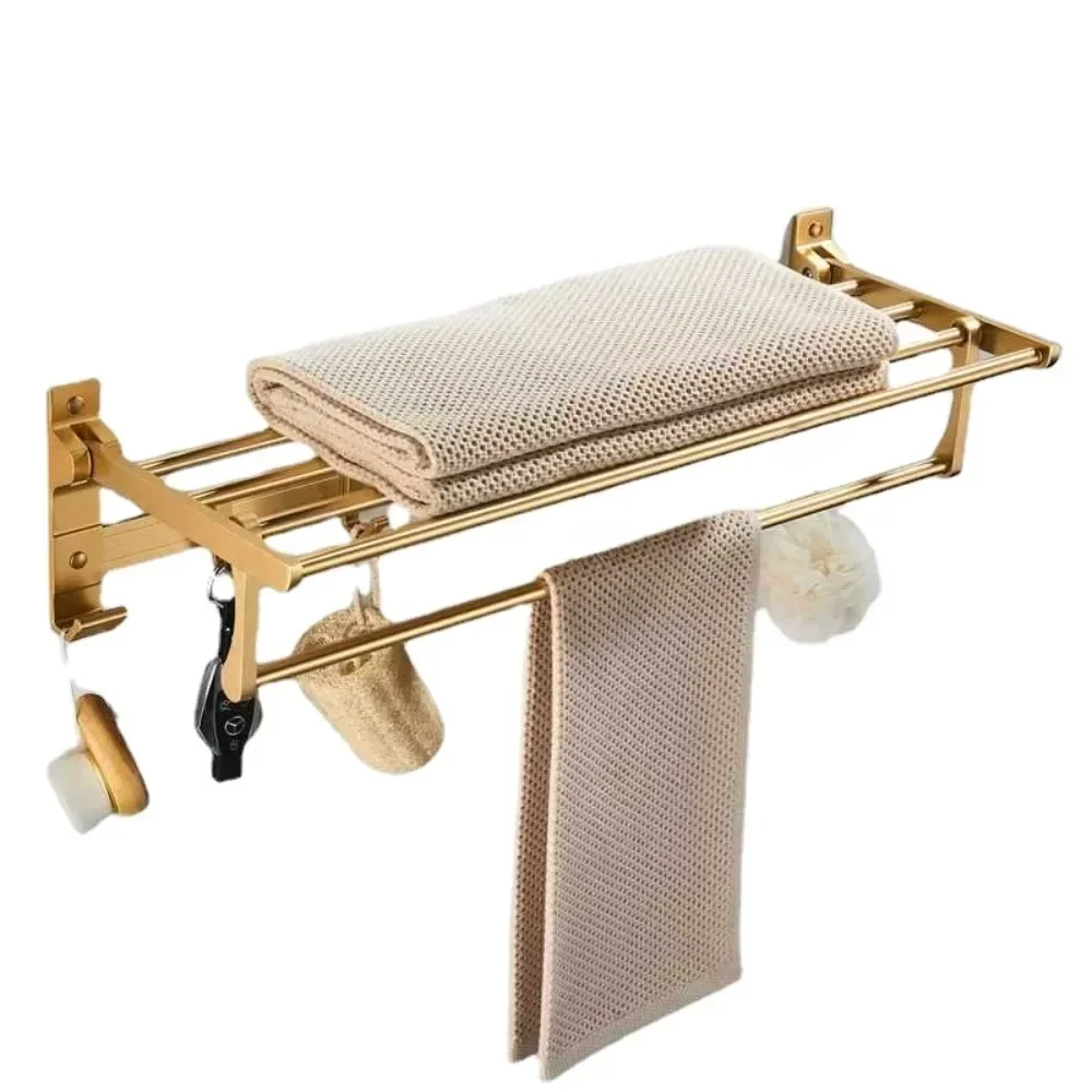 Imagem -06 - Alumínio Golden Toalheiro Banheiro Hardware Armazenamento Double Folding Holder Espaço Acessórios Toalha de Banho Suporte