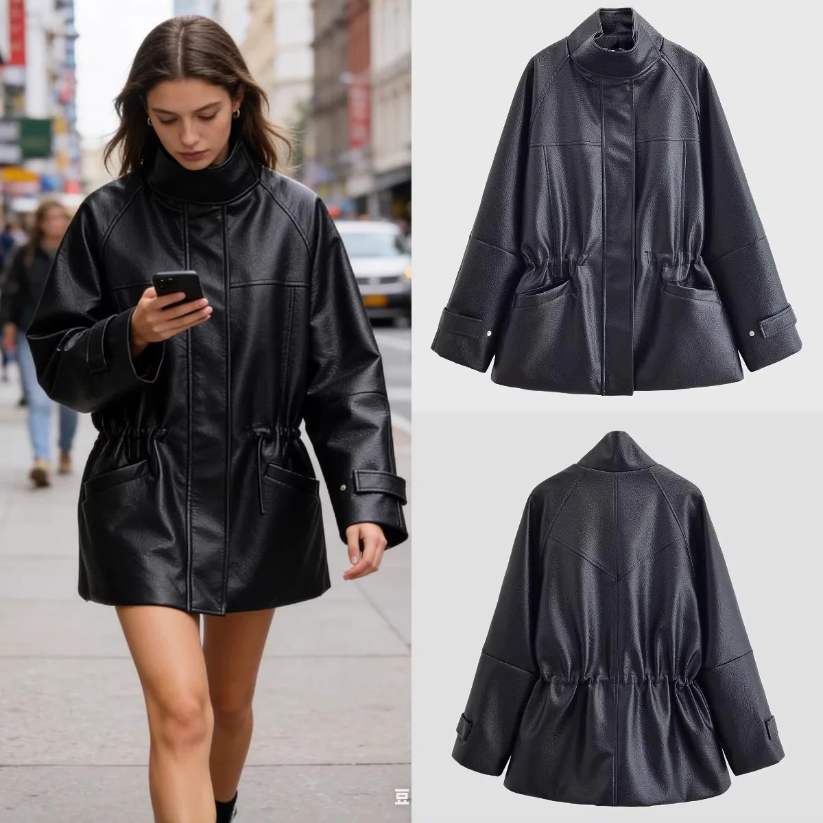 

Женская модная универсальная кожаная куртка High Street, повседневное облегающее талию пальто с высоким воротником, карман на молнии, верхняя одежда с длинными рукавами