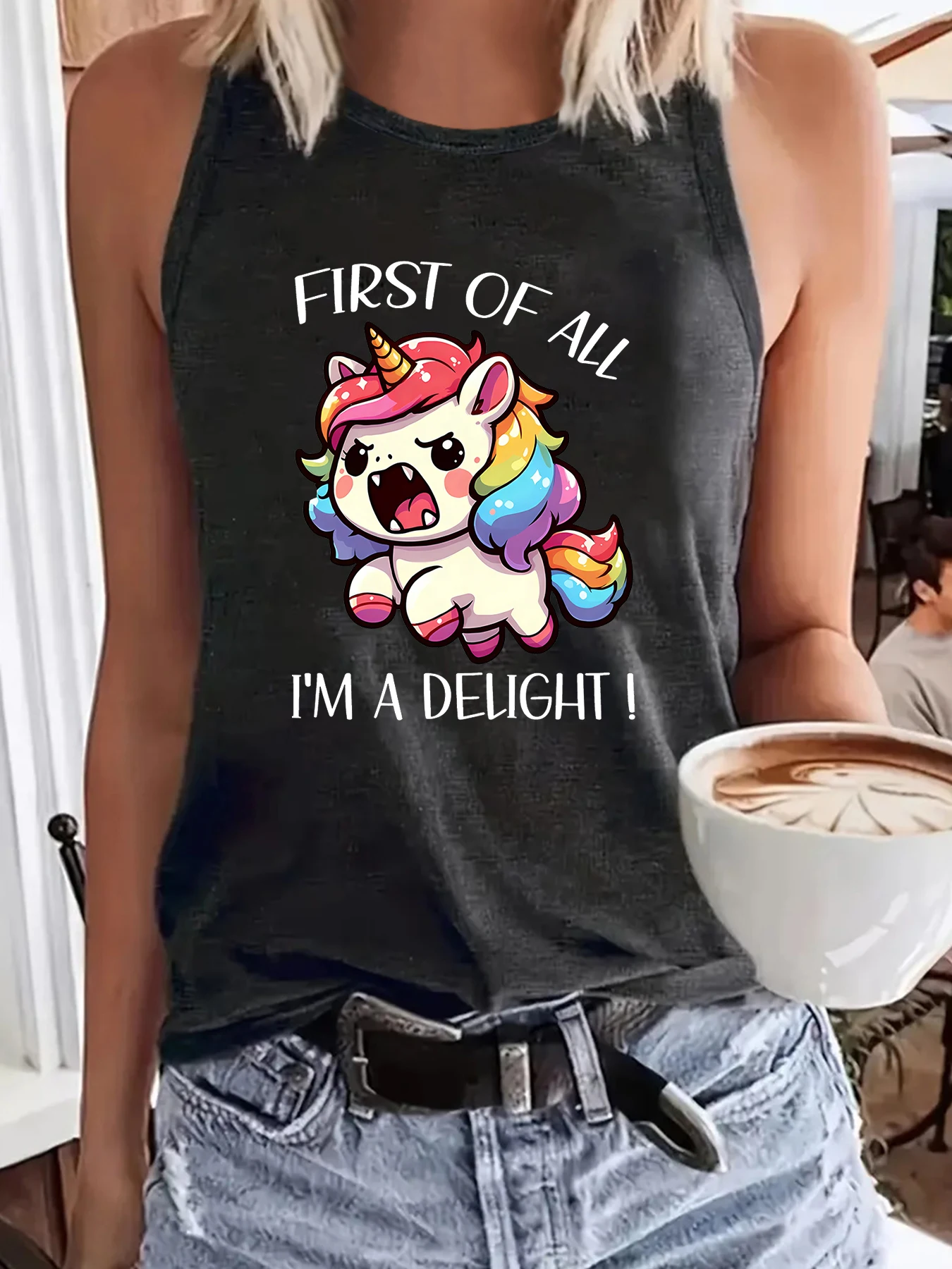 Ärmelloses Sommer-Tanktop für Damen, „First of All I'm A Delight!“ Angry Unicorn Print, lustiges, lässiges Oberteil
