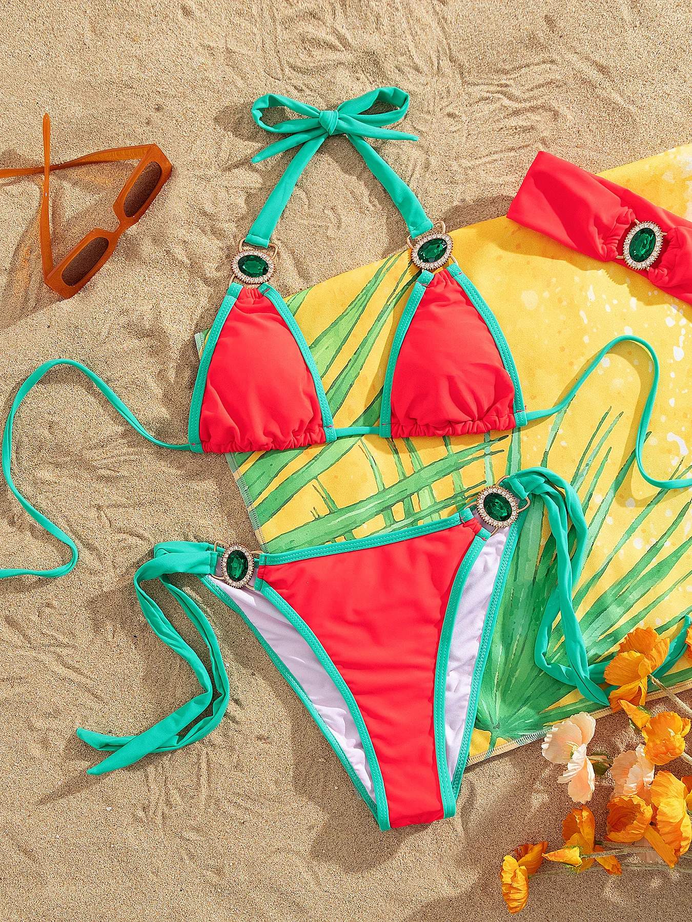 

Fashion Colorful Gemstone Bikini Women Slipt Swimsuit Sexy Trangle Lady Biquini Lace Up Swimwear Bathing Suit Female Beachwear