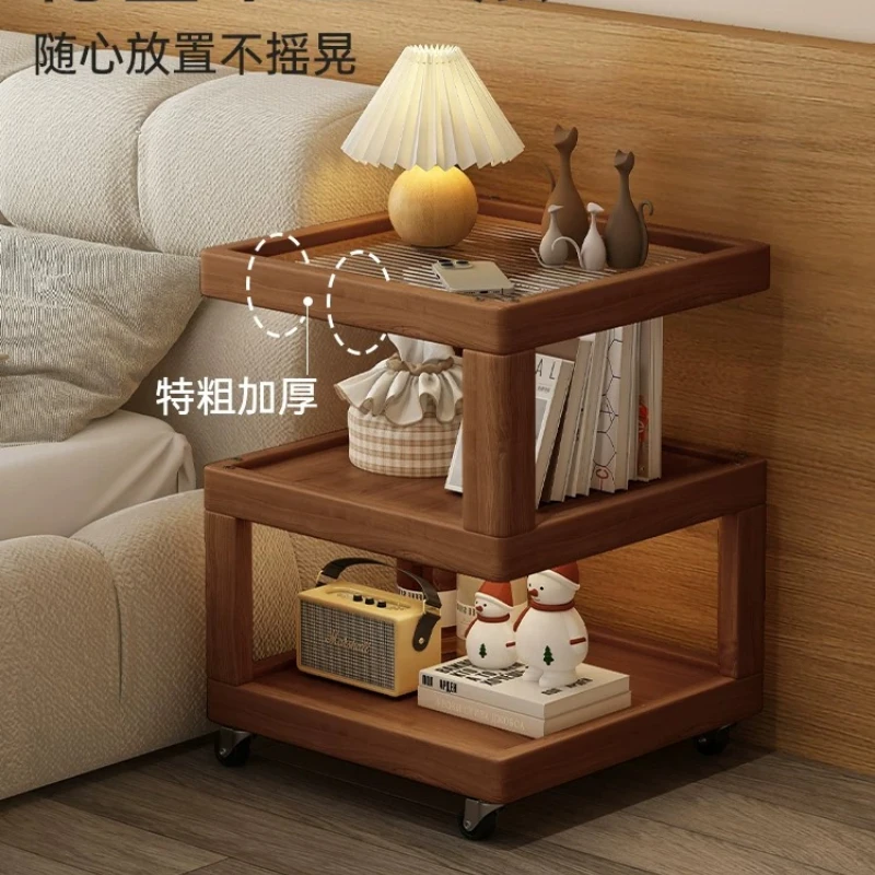 Japanese 3-Tier Open Nightstand Storage Mobile Solid Wood Table Multifunctional Cart Bedroom Living Room Decor Storage Organizer
