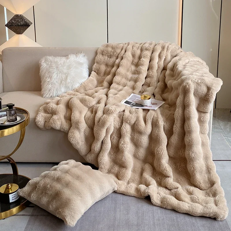 luxury faux fur Blanket double-sided fluffy bubble Fleece bed Plaid sofa blankets plush sofa cover bedspreads for double bed