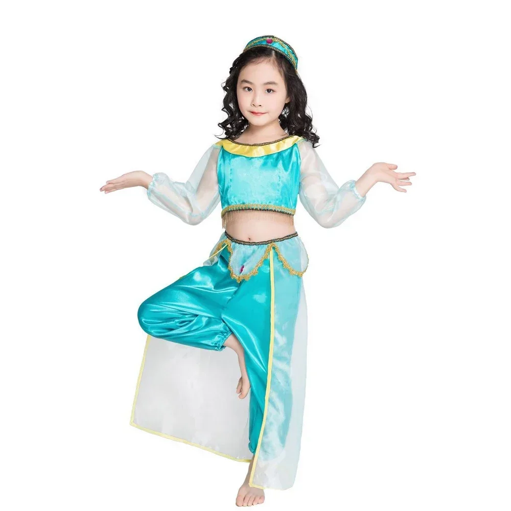 Disfraz de princesa Genie para niñas, inspirado en el cuento de Aladdin, con la lámpara de Aladdin, ideal para cosplay, fiestas de disfraces y danza del vientre.