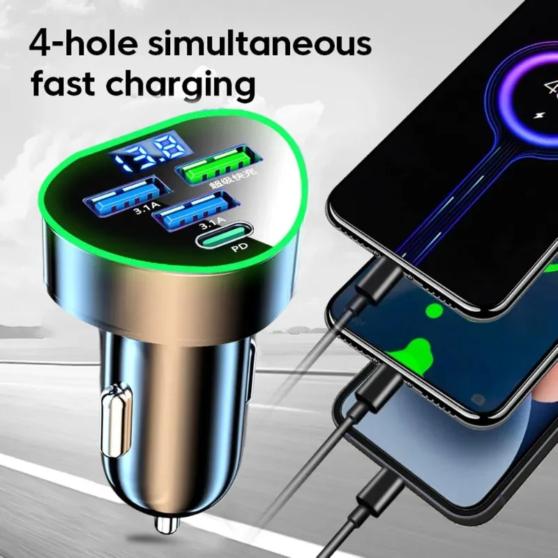 350W PD Car Charger QC3.0 Fast Charge Four in One 12-24v LED Digital Display Glow in The Night for IPhone Samsung Huawei Oppo