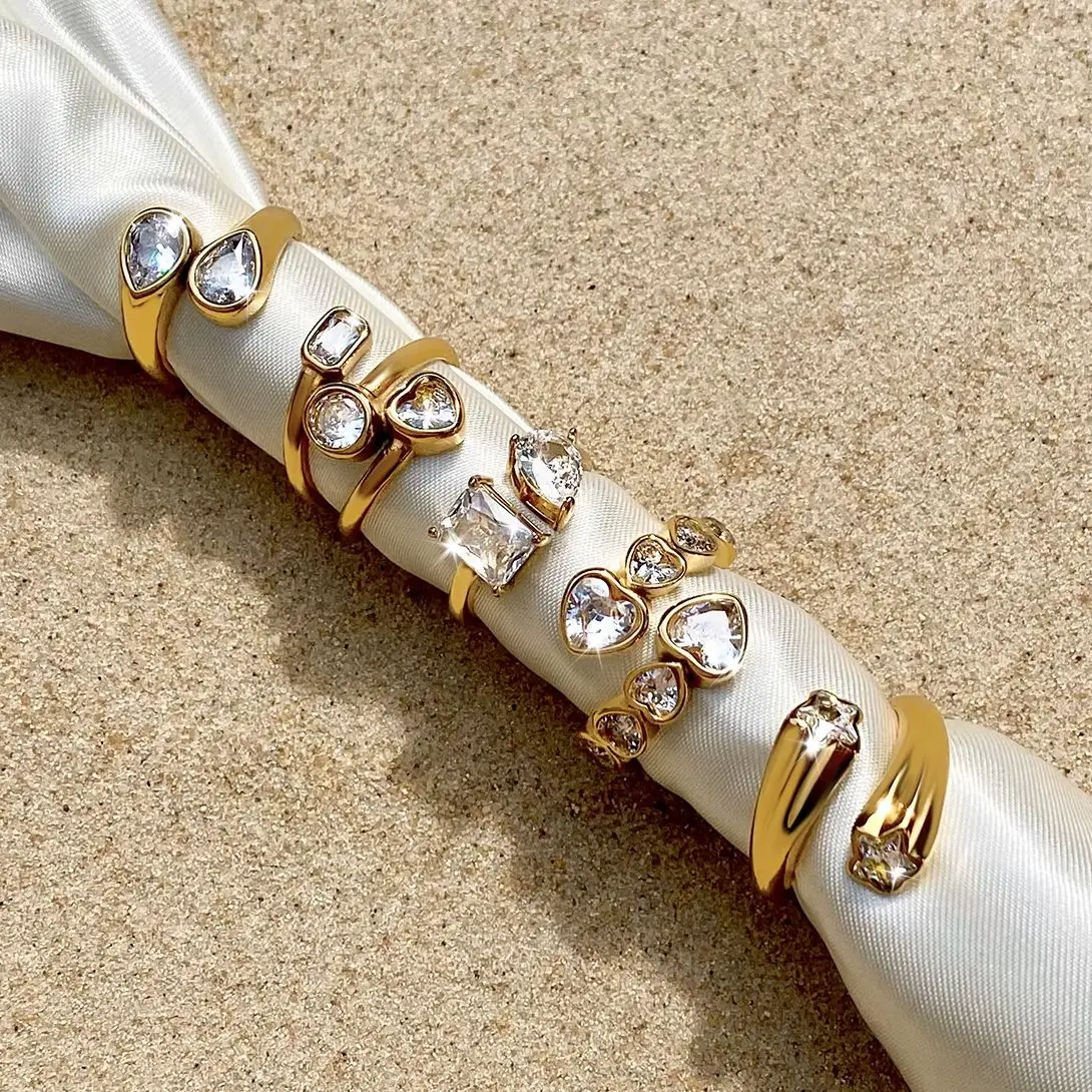 

AIKOER Shiny Cubic Stainless Steel Zircon Asymmetric Open Ring High-Grade Stainless Steel 18K Golden Plated Rust Proof Jewelry