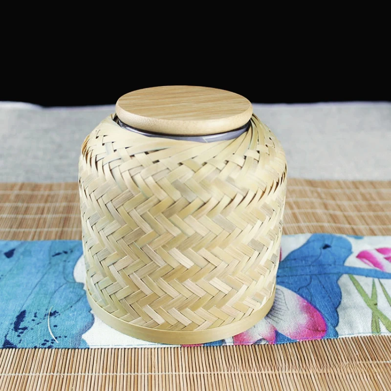 

Hmade Bamboo Woven Tea Cans Glass Sealed Jars Portable Mini Storage Containers Japanese Style Tea Storage