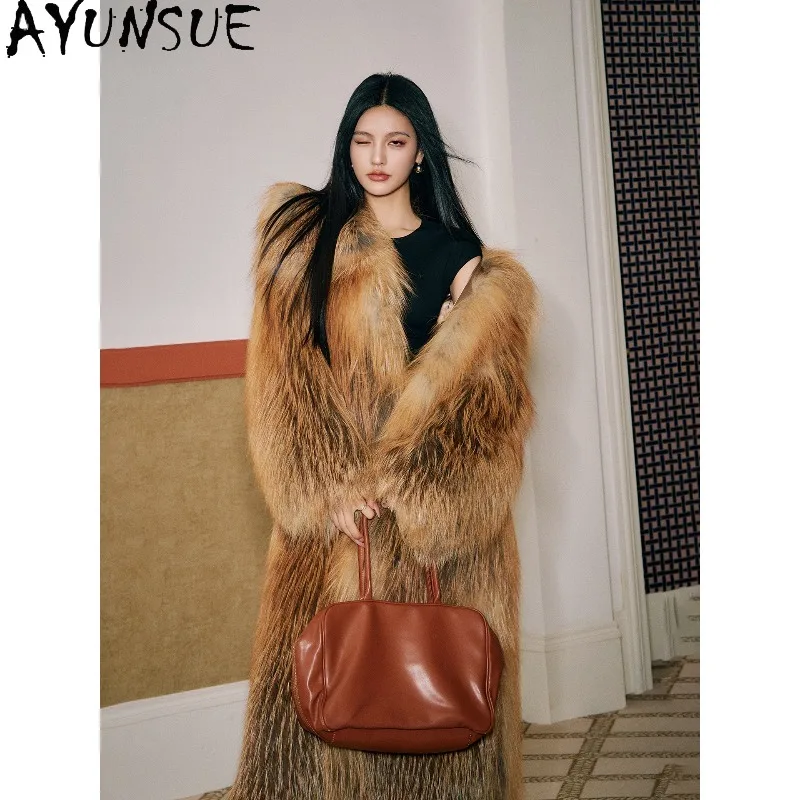 AYUNSUE Real Fox Fur Coats Woman Winter Fur Jacket Square Collar Outerwears Luxury Long Fur Coat Woman Clothes Manteau Femme