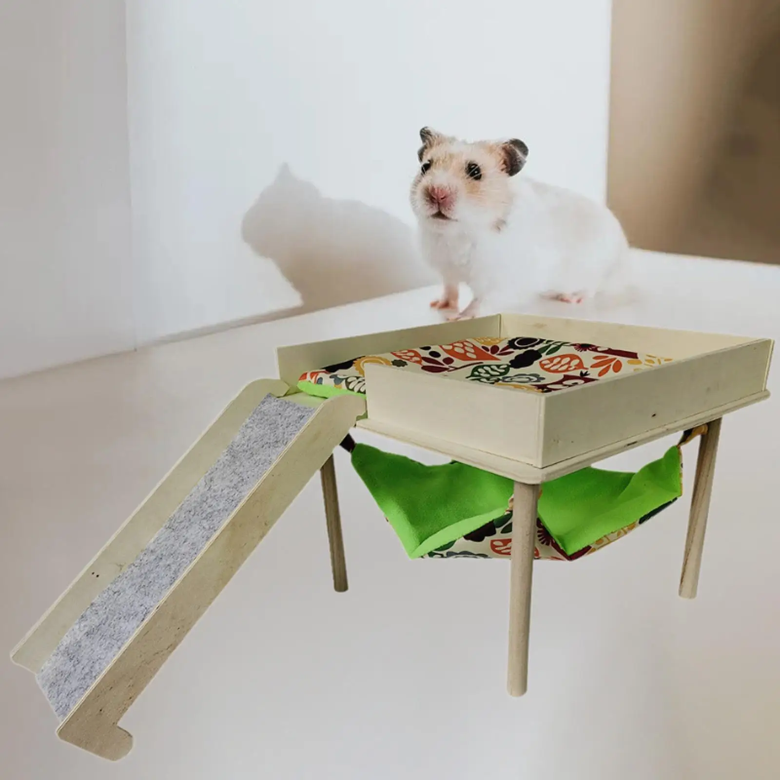 Safe Wooden Guinea Pig Hammock with Platform Stairs Hamster Hideaway House Cage Decor for Dwarf Hamsters Rats and Bunnies