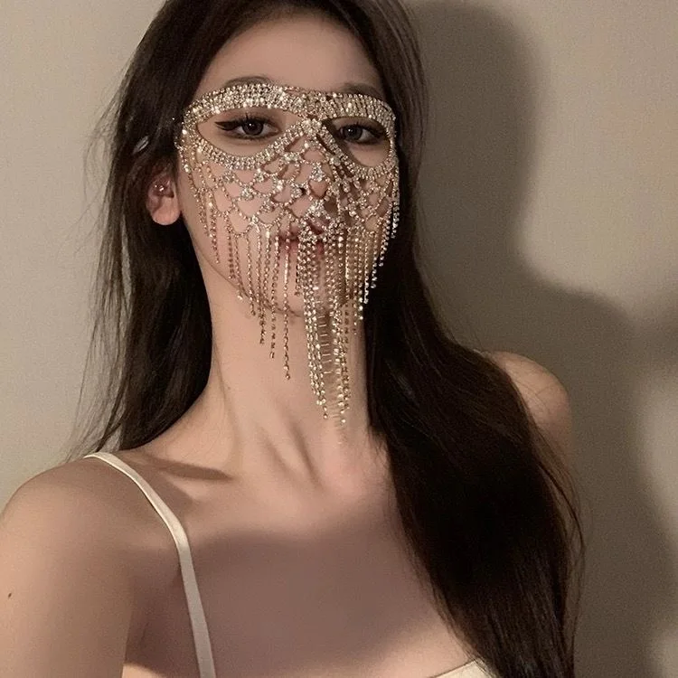 Full Rhinestone Tassel Face Mask Women Party Oversized Rhinestone Face Veil Evening Costume Accessory