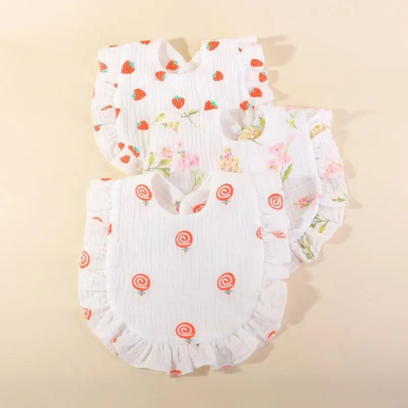 H055 Baby Bibs Bulk 3pcs Cotton Burp Cloth Ruffle Bibs Infant Gender Neutral U-shape Floral Drooling Bib Newborn Shower Gift