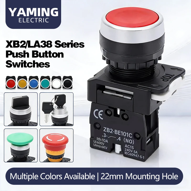 5pcs XB2 LA38 Series Push Button Switch 22mm Mount Reset Flat Button Selector Emergency Stop Mushroom Power Start Control