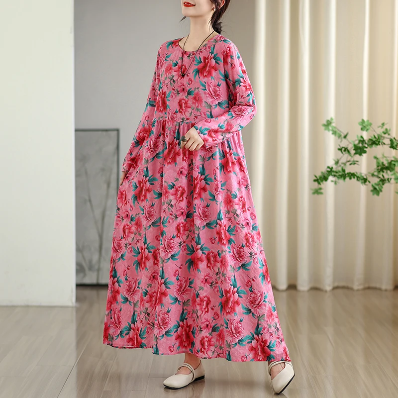 Frühherbst Blumendruck Vaion Sle Travel rund Ne Retro Lang Dr Baumwolle Leinen Material Roter langer Rock Lässig Süß...