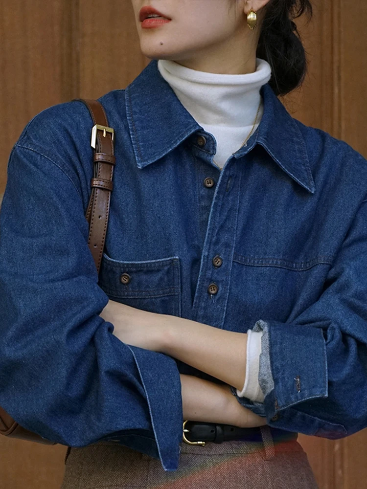 

Retro Fleece Lined Denim Shirt Women's Early Spring Thickened Top Layered Wear Inner Match Base Shirt Coat Autumn Winter